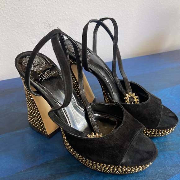 Vince Camuto Black and Gold Studded Wedge Sandals - Picture 4 of 15